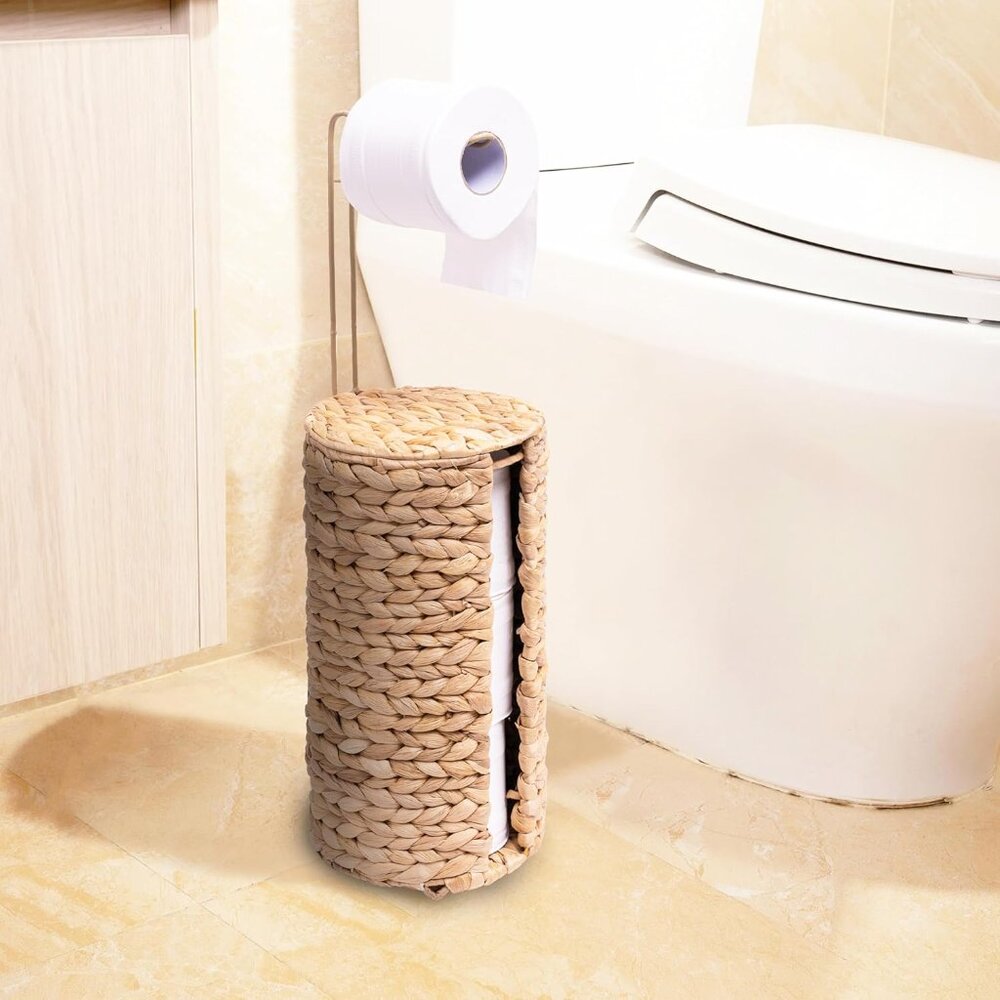 Wicker Toilet Paper Holder w/Minimalist Hanging Bar, Rattan Decorative Storage